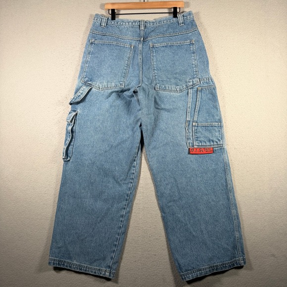 B One Soul Vintage‎ Baggy Cargo Jeans Light Wash Embroidered Dragon 36x32 Mens - Picture 2 of 13